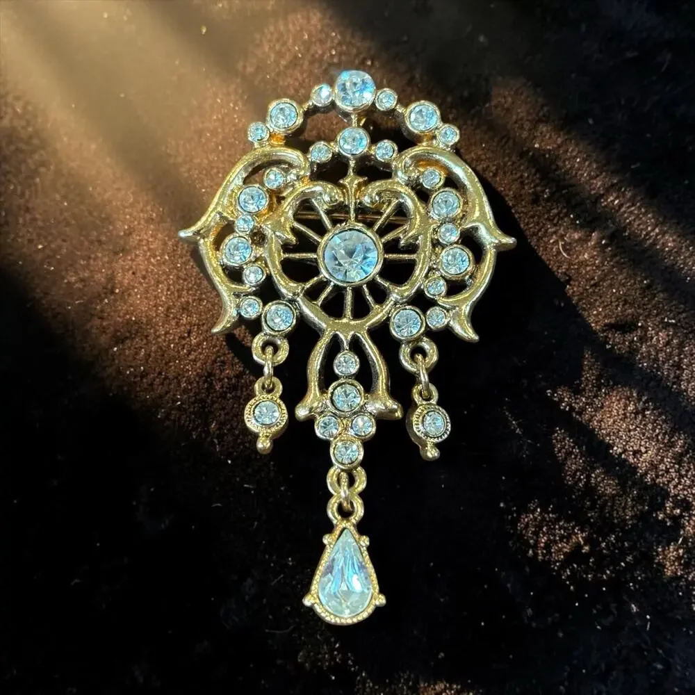 1928 Gold Rhinestone Chandelier Brooch Art Nouveau Dangle Statement Pin